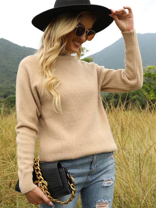 Apricot Frenchy Mock Neck Drop Shoulder Sweater