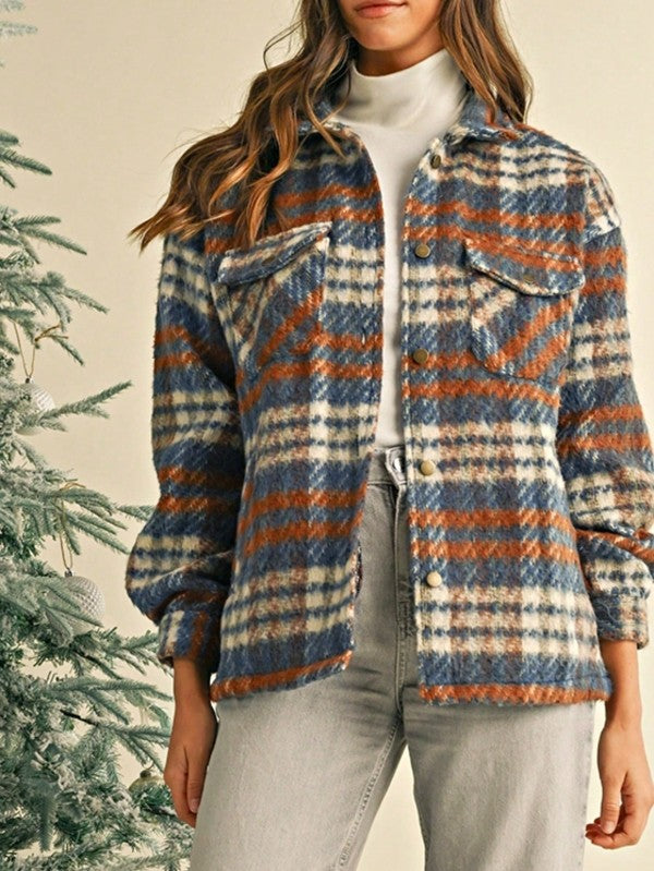 Blue Red Mint Plaid Button Shacket Cardigan