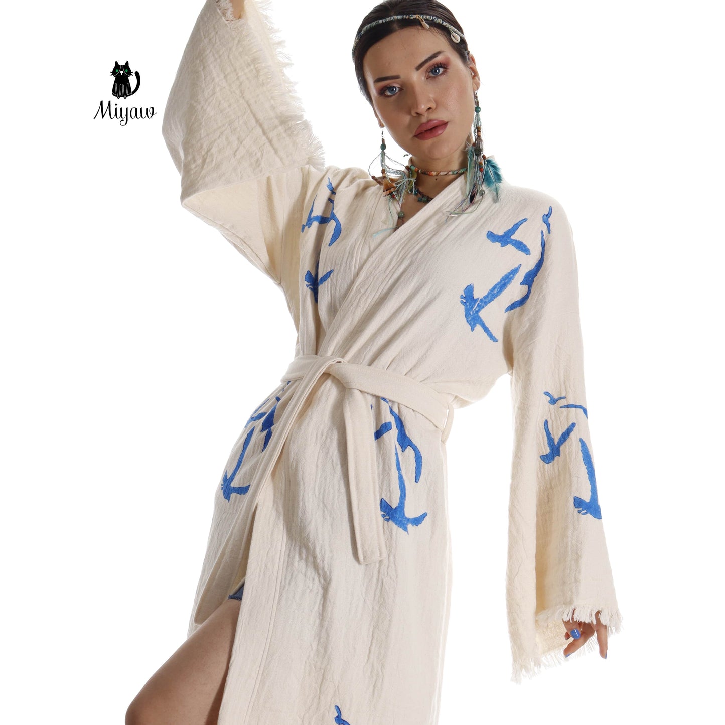 Handcrafted Seagull Print Kimono Robe in Organic Cotton - Bohemian Beach Cover Up