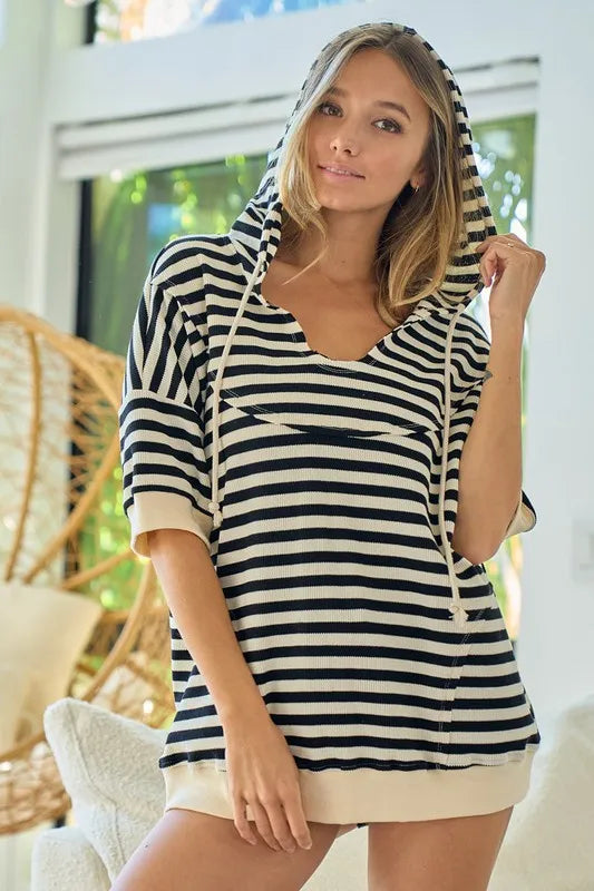 BiBi Stripe Fleece Notch Neck Short Sleeve Hoodie