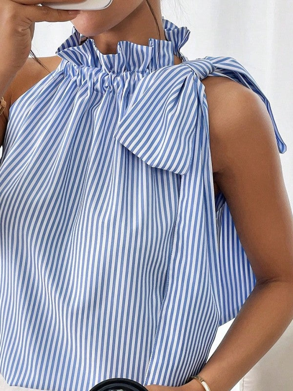 Blue Striped Frill Neck Tie Knot Sleeveless Top