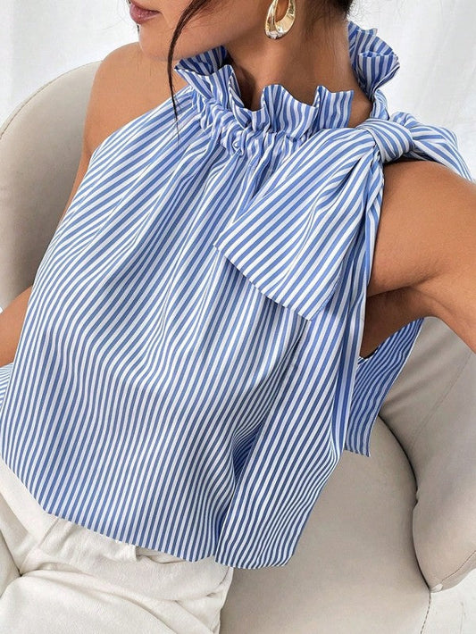 Blue Striped Frill Neck Tie Knot Sleeveless Top