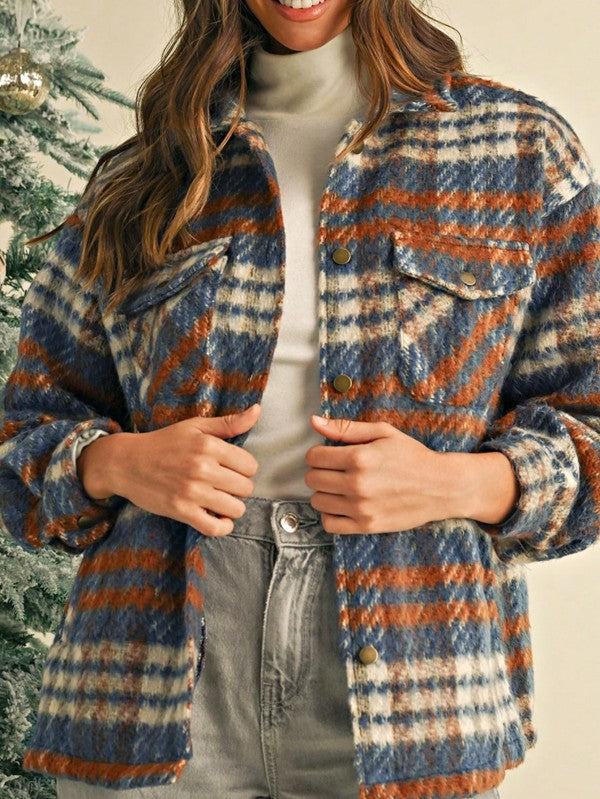 Blue Red Mint Plaid Button Shacket Cardigan