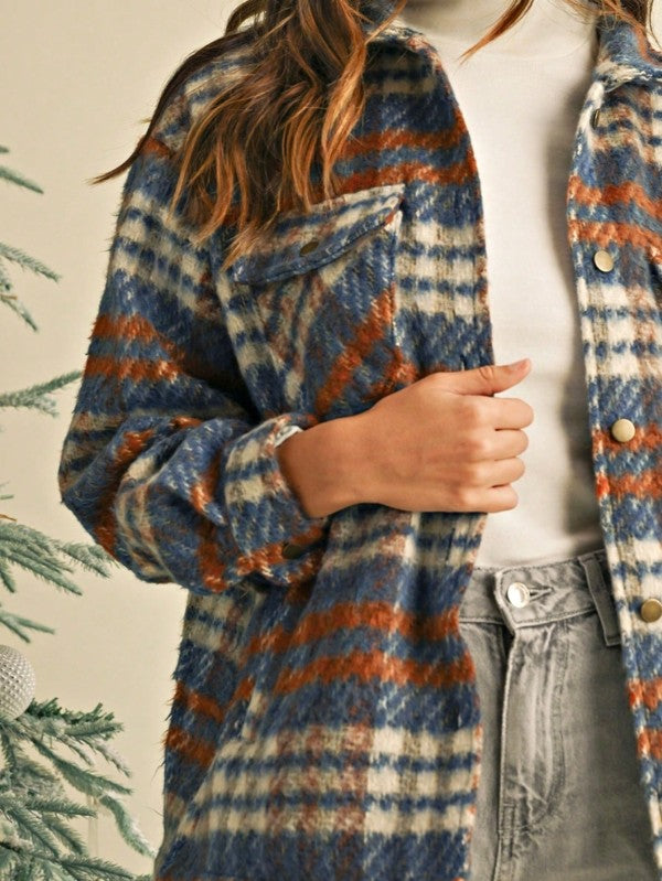 Blue Red Mint Plaid Button Shacket Cardigan