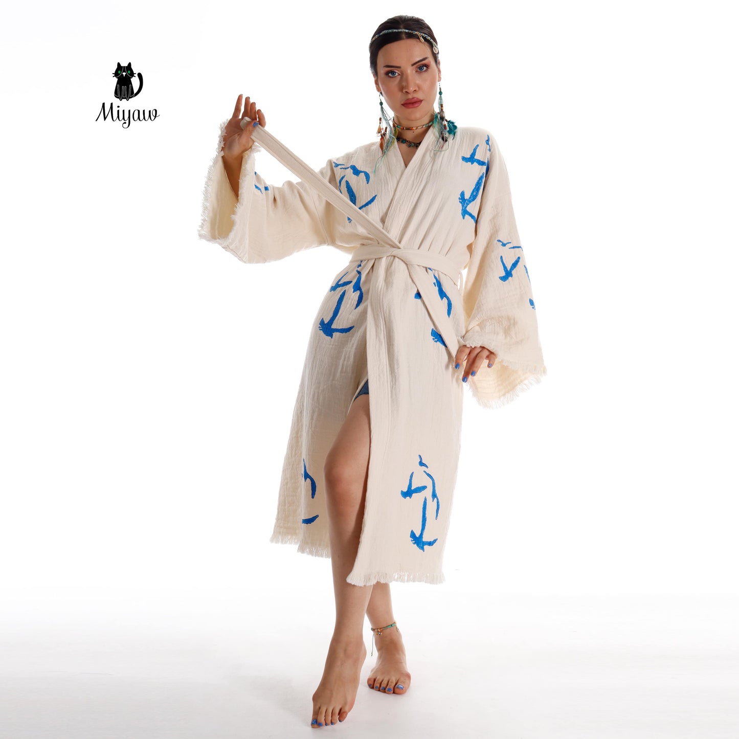 Handcrafted Seagull Print Kimono Robe in Organic Cotton - Bohemian Beach Cover Up