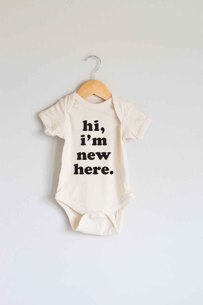 Hi, I'm New Here Baby Onesie in Cream, Baby Bodysuit, Baby Gift