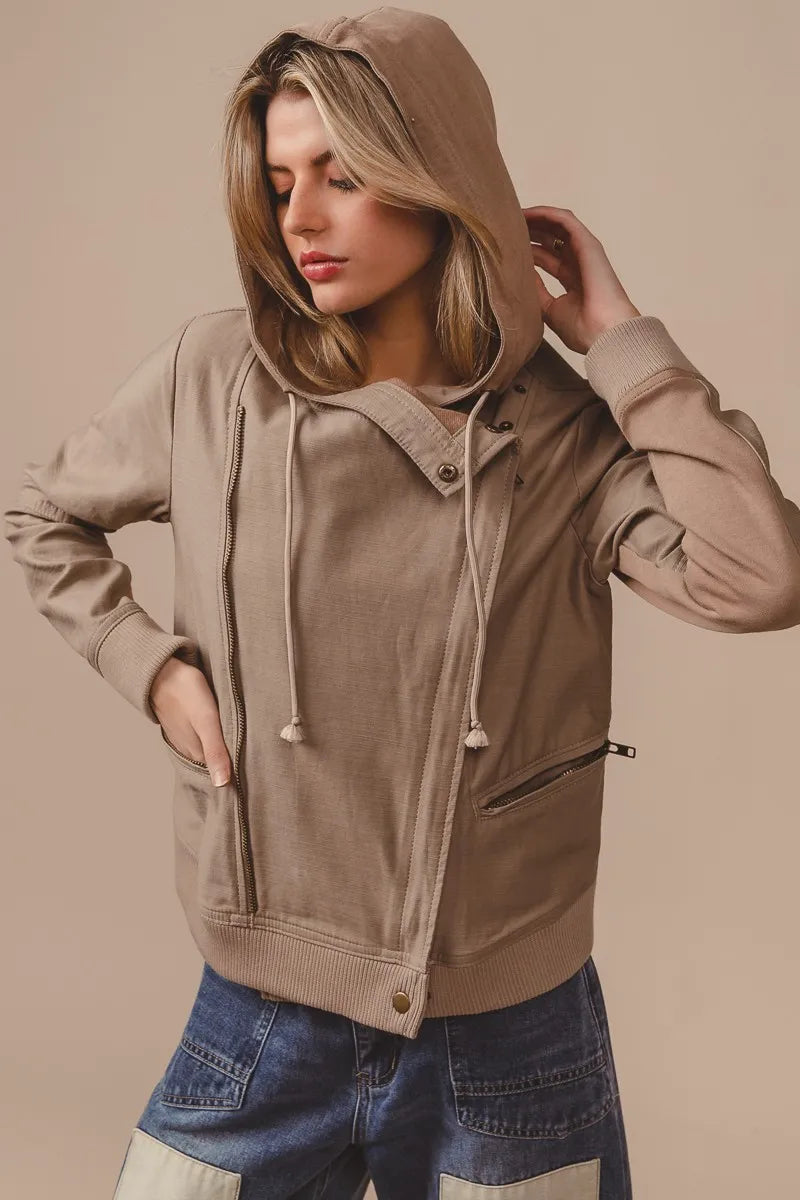 BiBi Textured Woven Rider Jacket in Latte