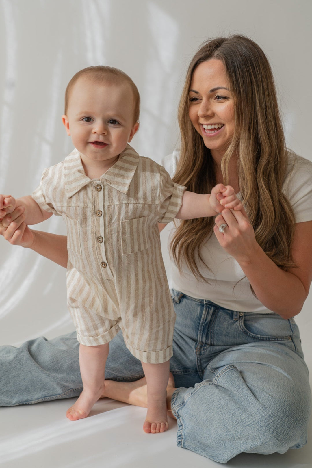 Tan Stripe Button Romper