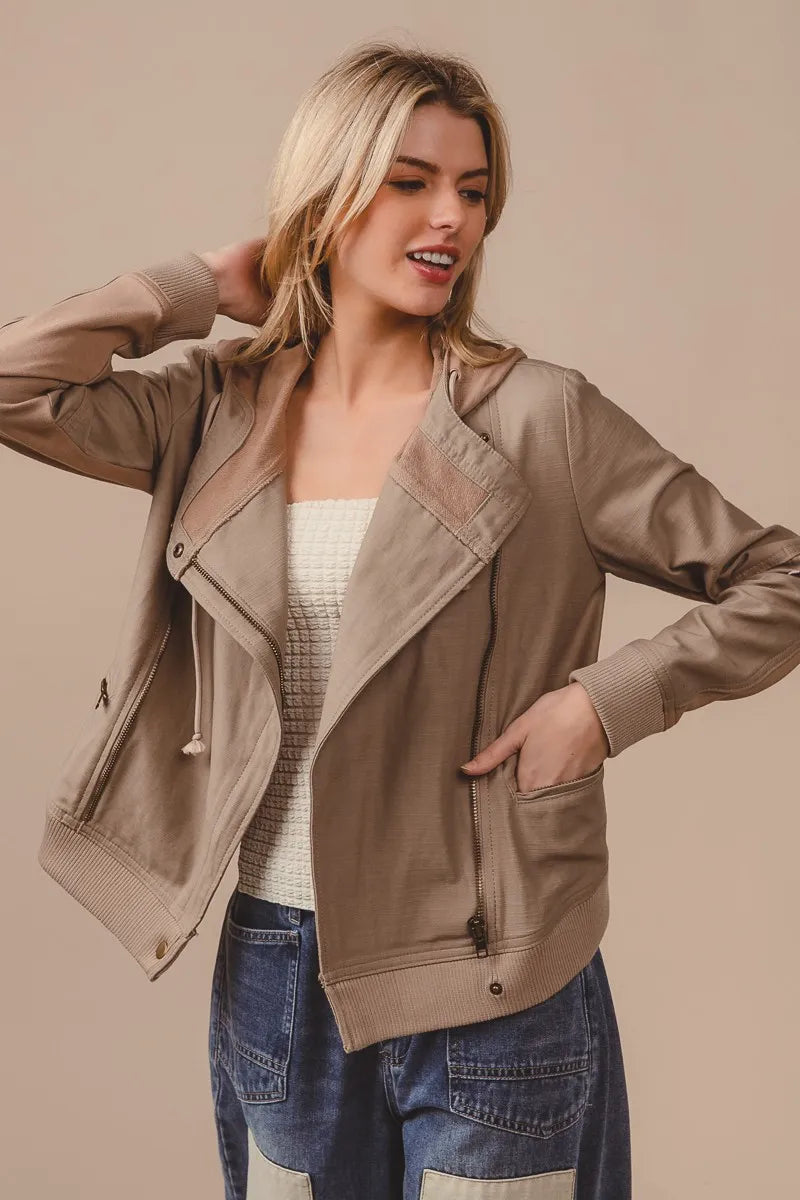 BiBi Textured Woven Rider Jacket in Latte