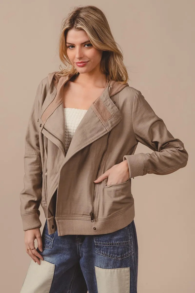 BiBi Textured Woven Rider Jacket in Latte
