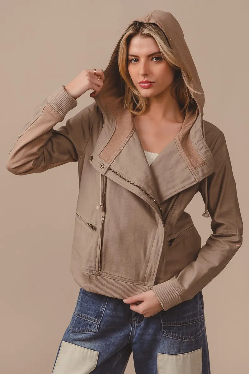 BiBi Textured Woven Rider Jacket in Latte