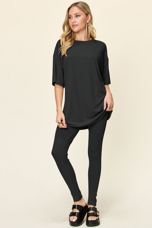 Full Size Round Neck Dropped Shoulder T-Shirt and Leggings Set