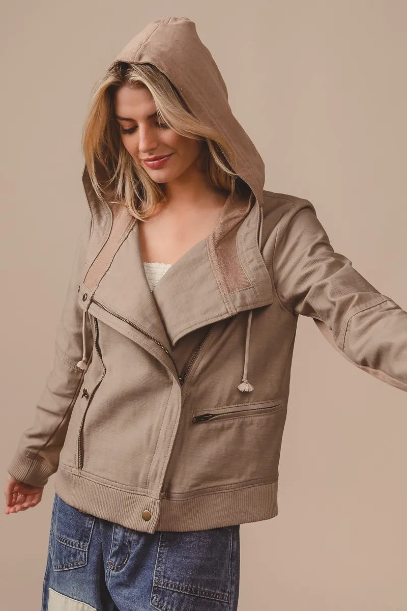 BiBi Textured Woven Rider Jacket in Latte