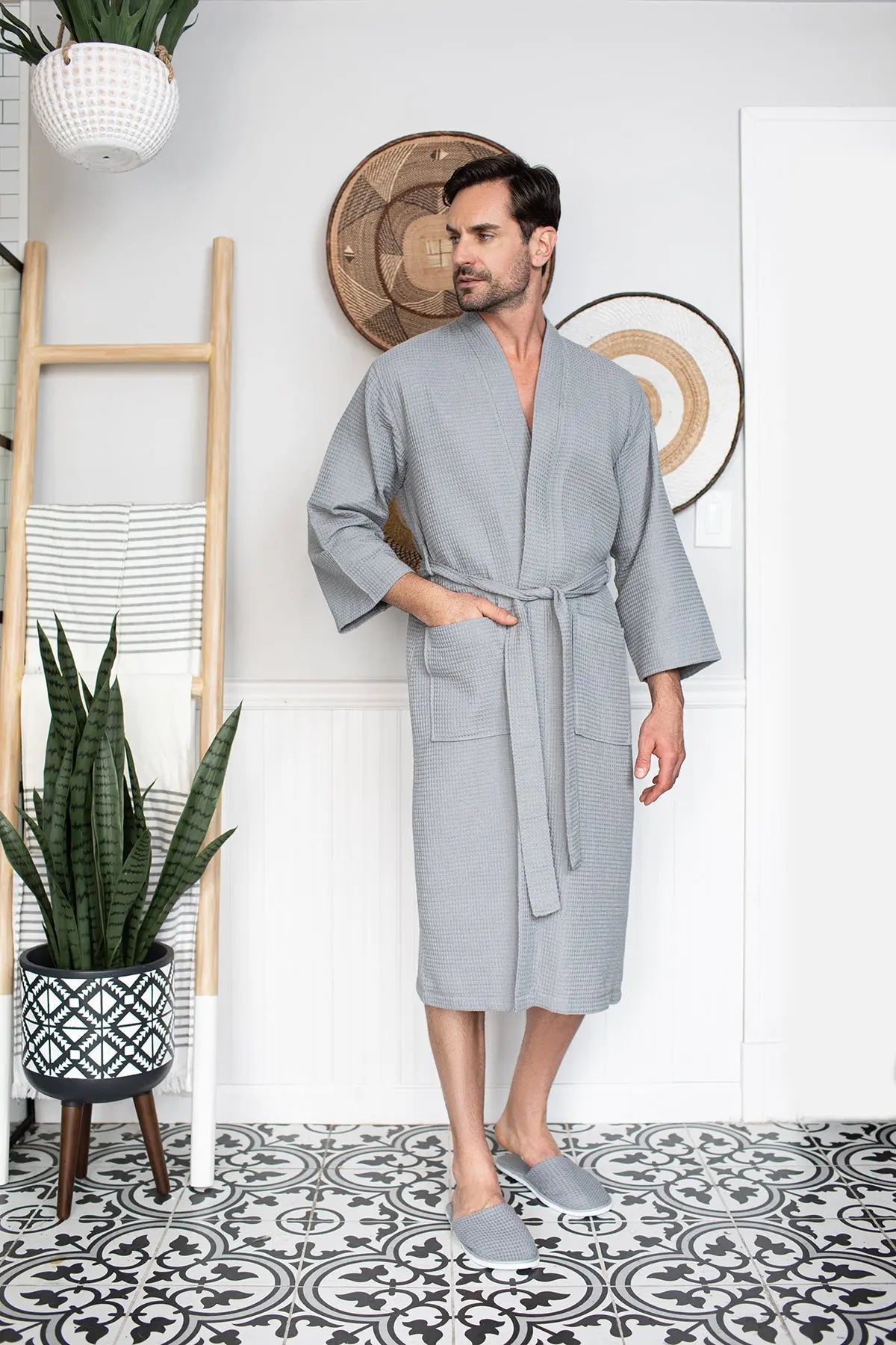 Waffle Kimono Spa Bathrobe for Men -  Absorbent, Lightweight