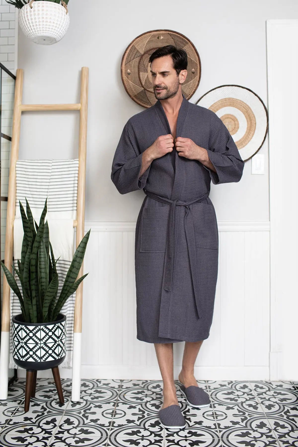 Waffle Kimono Spa Bathrobe for Men -  Absorbent, Lightweight