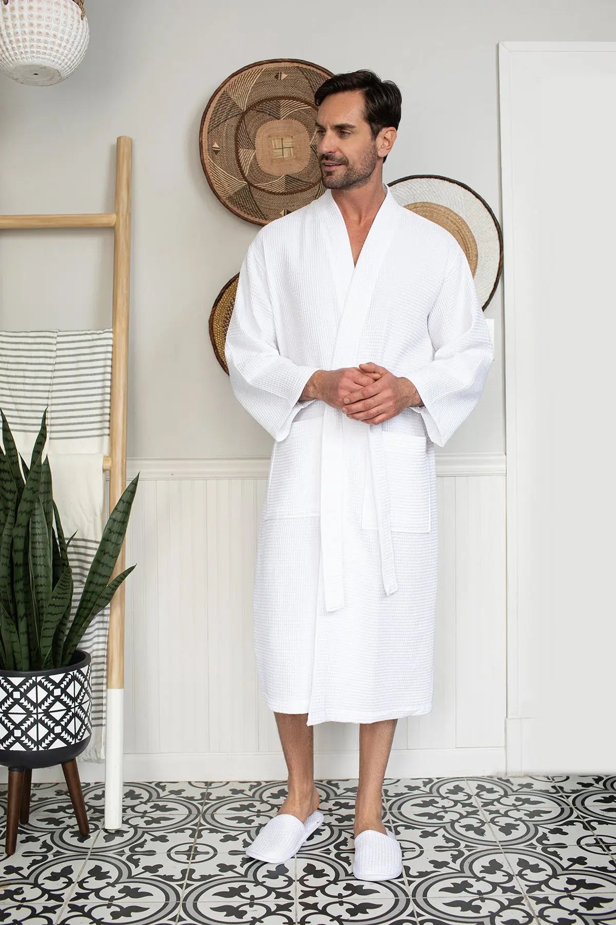 Waffle Kimono Spa Bathrobe for Men -  Absorbent, Lightweight